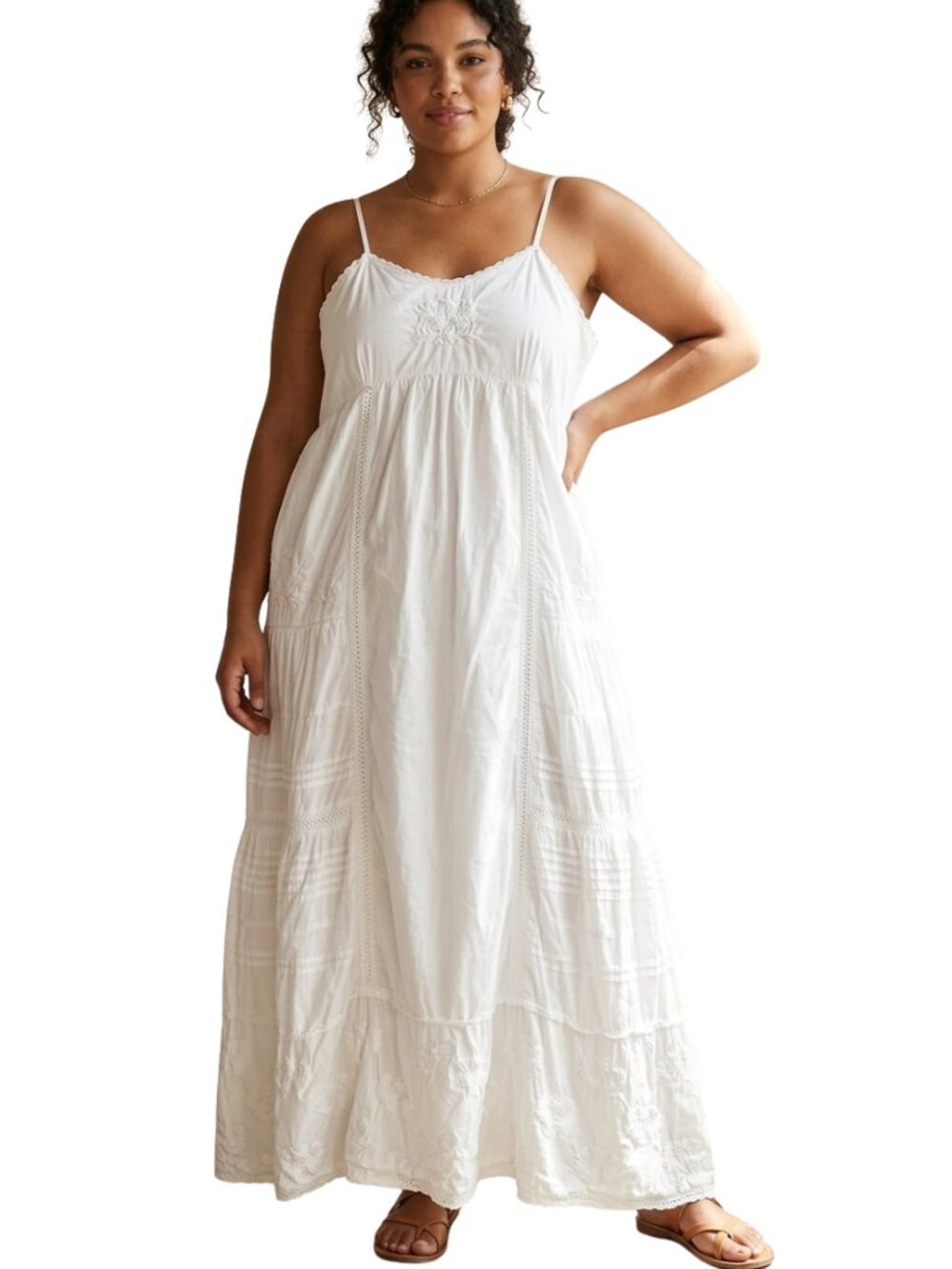 Sundance White Cotton Tiered Maxi Dress XL Lace Trim Lined Cottagecore Boho